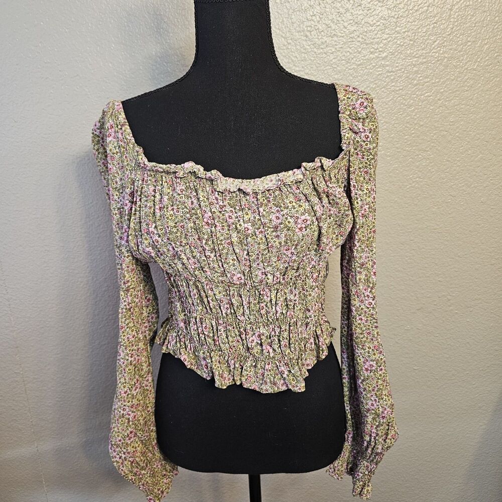 H&M Floral Smocked Peasant Crop Top L Cottagecore Puff Sleeve Boho Blouse BB638